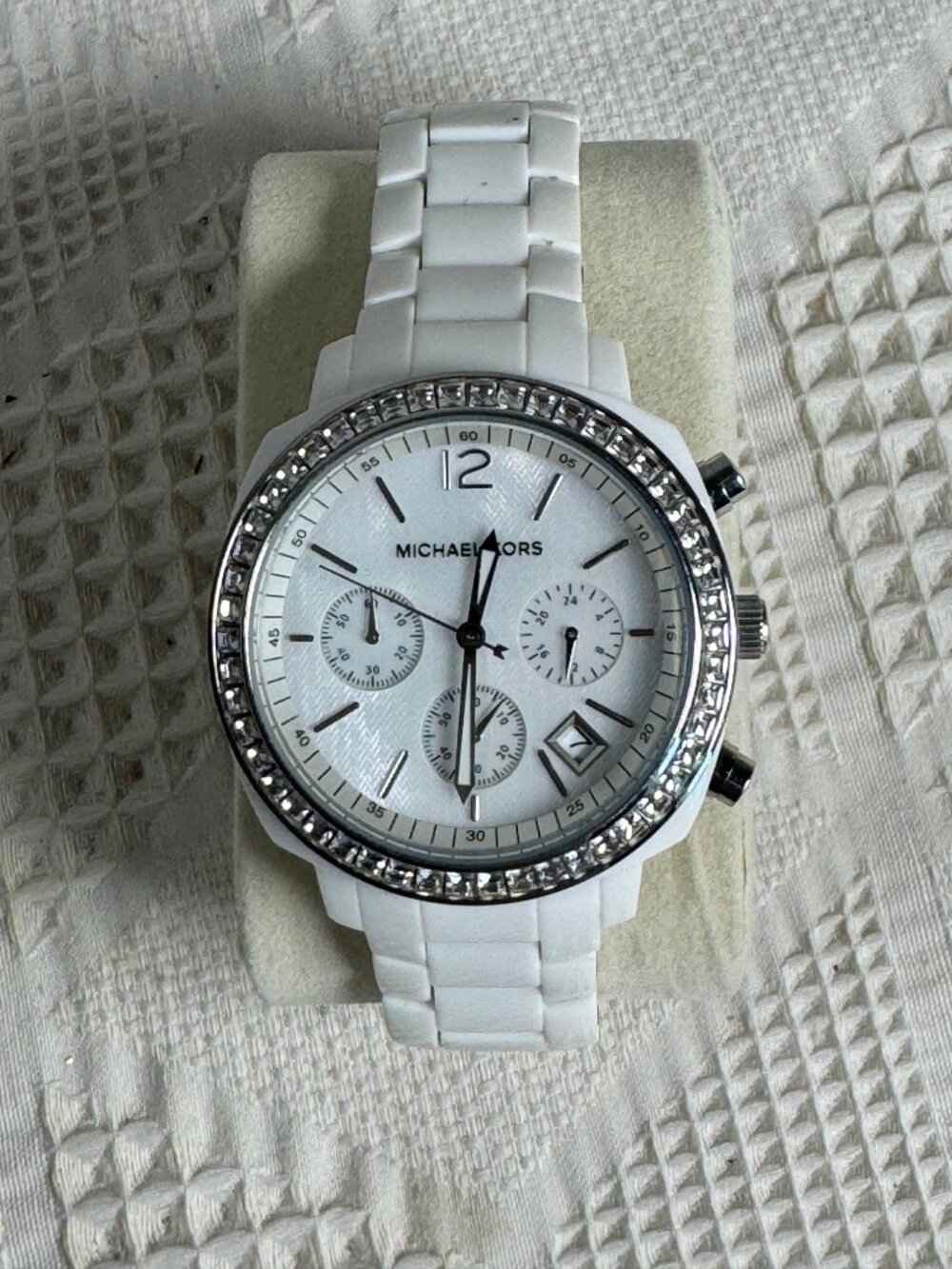 Michael Kors MK5079 Womens White Acrylic Band Watch MOP & Crystal Embellished